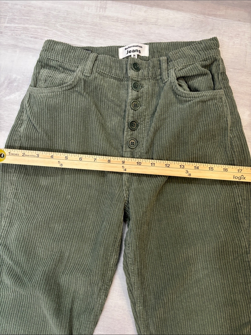 Reformation Jeans Cynthia Button Fly High Rise Olive Green Corduroy Straight Leg - Picture 6 of 8